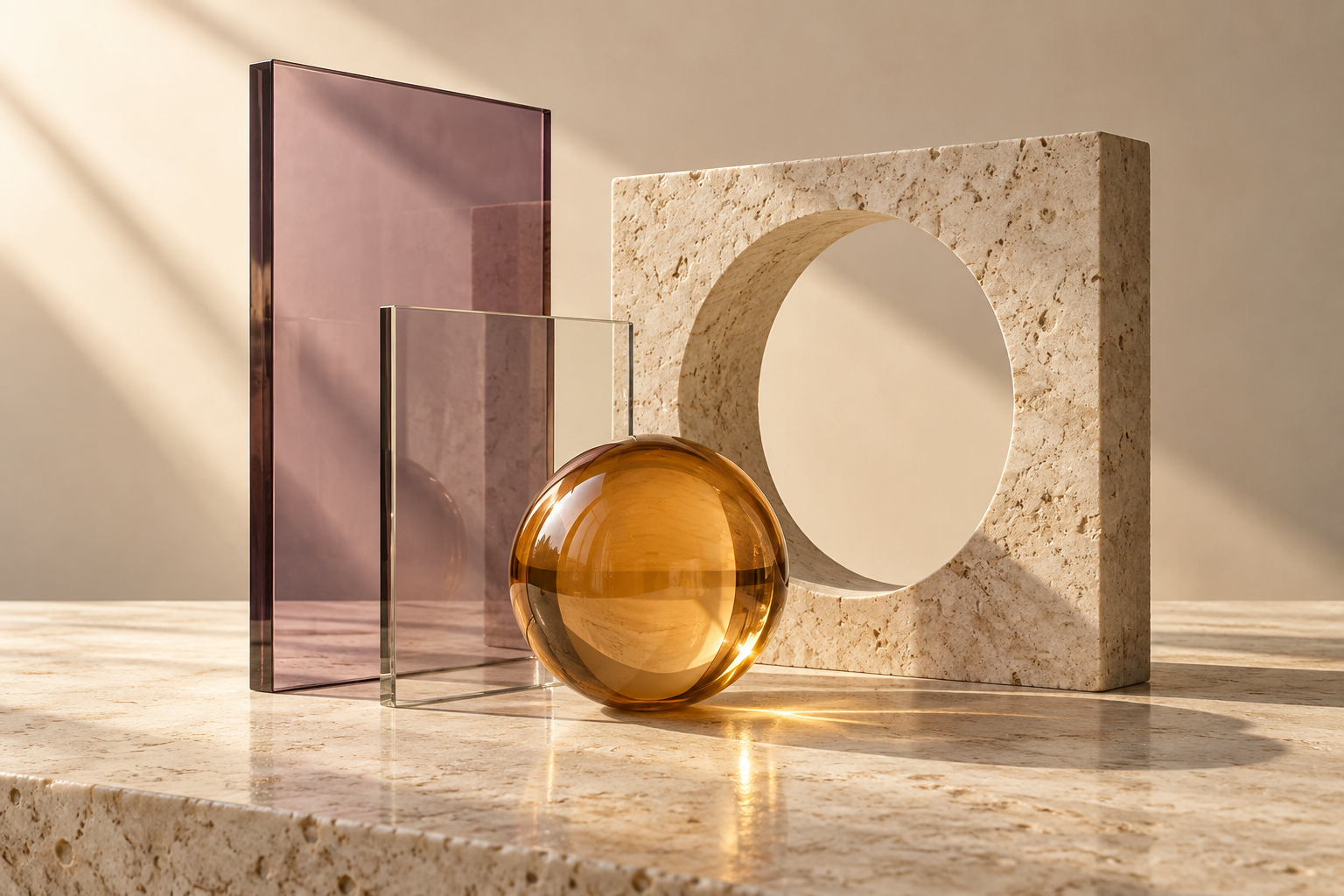 An architectural still life of translucent iris glass, a pale stone arch, and an amber glass sphere in warm sunlight.
